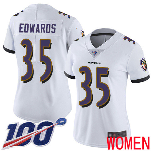 Baltimore Ravens Limited White Women Gus Edwards Road Jersey NFL Football 35 100th Season Vapor Untouchable
